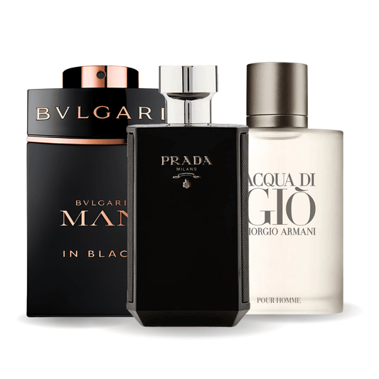 Conjunto de 3 perfumes Bvlgari In Black, Giorgio Armani Acqua Di Gio, L'Homme Prada Intense 100ml