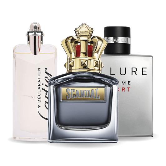 Conjunto de 3 perfumes Allure Homme Sports, Jean Paul Gaultier Scandal, Cartier Declaration 100ml